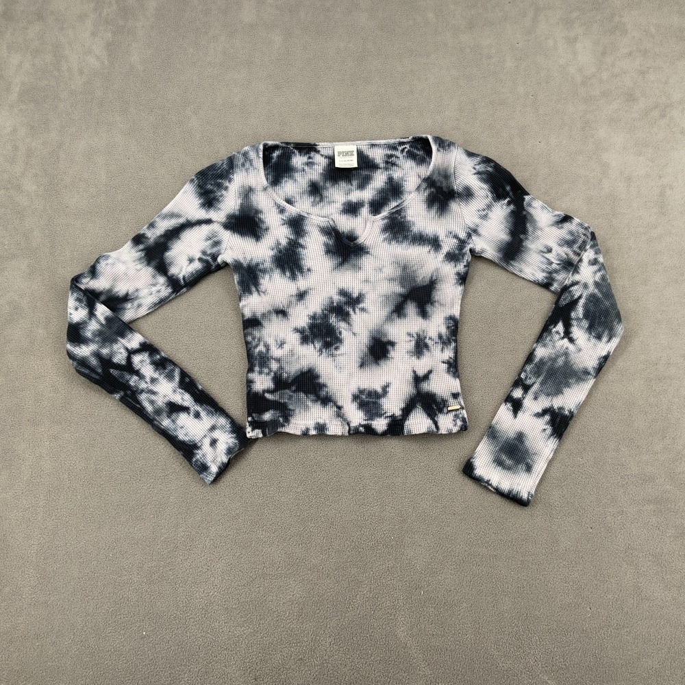 Pink Victoria's Secret Short Cut Neck Shirt Women Small Blue Tie Dye Waffle Knit